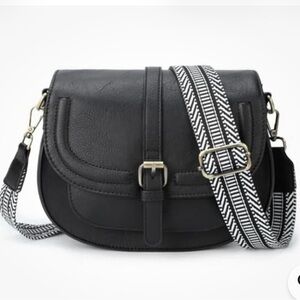 Black Crossbody Saddle Bag with Patterned Strap